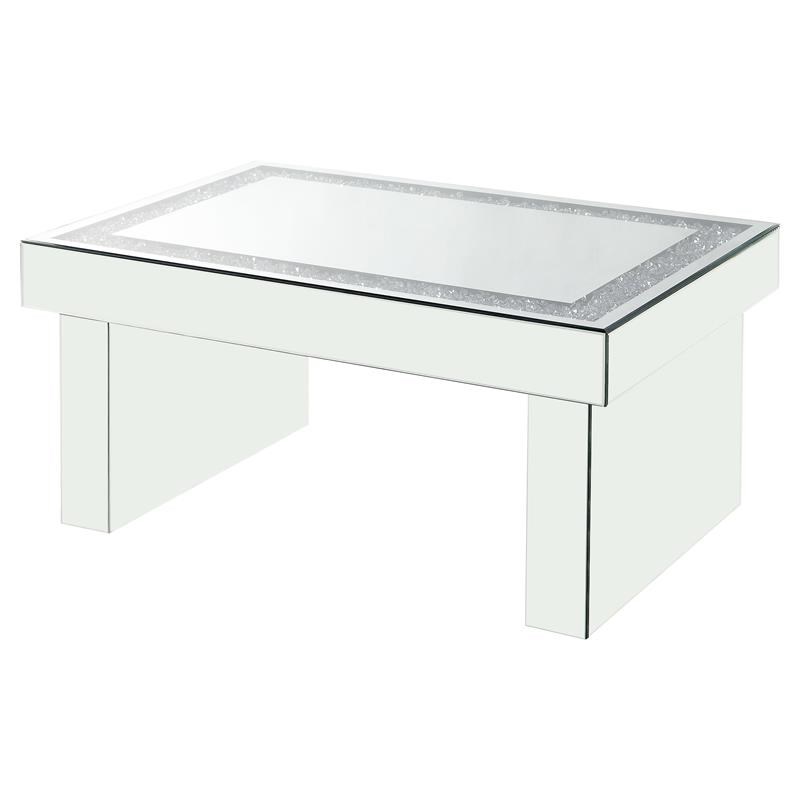 ACME Noralie Glass Coffee Table with Sled Base in Mirrored and Faux Diamonds