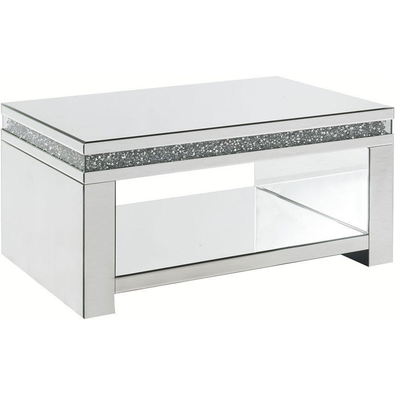 ACME Noralie Glass Coffee Table with Bottom Shelf in Mirrored and Faux Diamonds