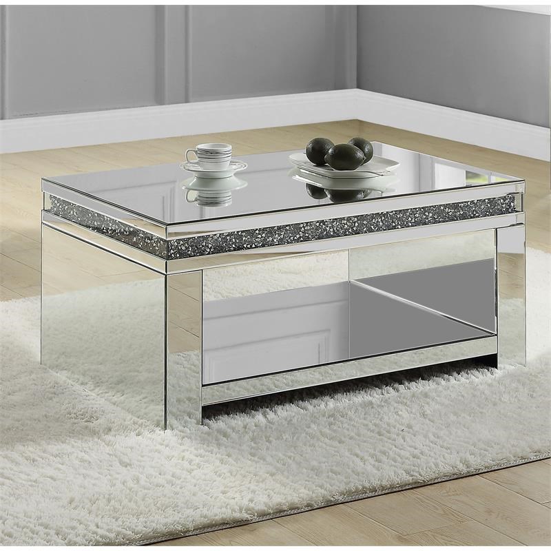 ACME Noralie Glass Coffee Table with Bottom Shelf in Mirrored and Faux Diamonds