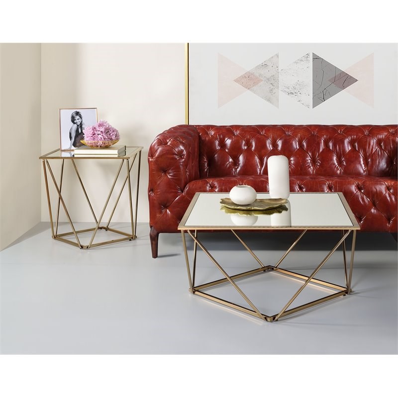 ACME Fogya Square Coffee Table with Metal Base in Mirrored and Champagne Gold