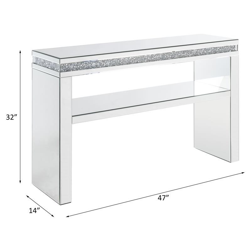 ACME Noralie Glass Sofa Table with 1 Storage Shelf in Mirrored and Faux Diamonds