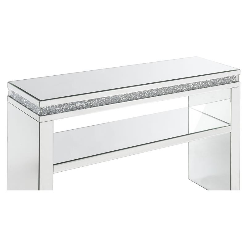 ACME Noralie Glass Sofa Table with 1 Storage Shelf in Mirrored and Faux Diamonds