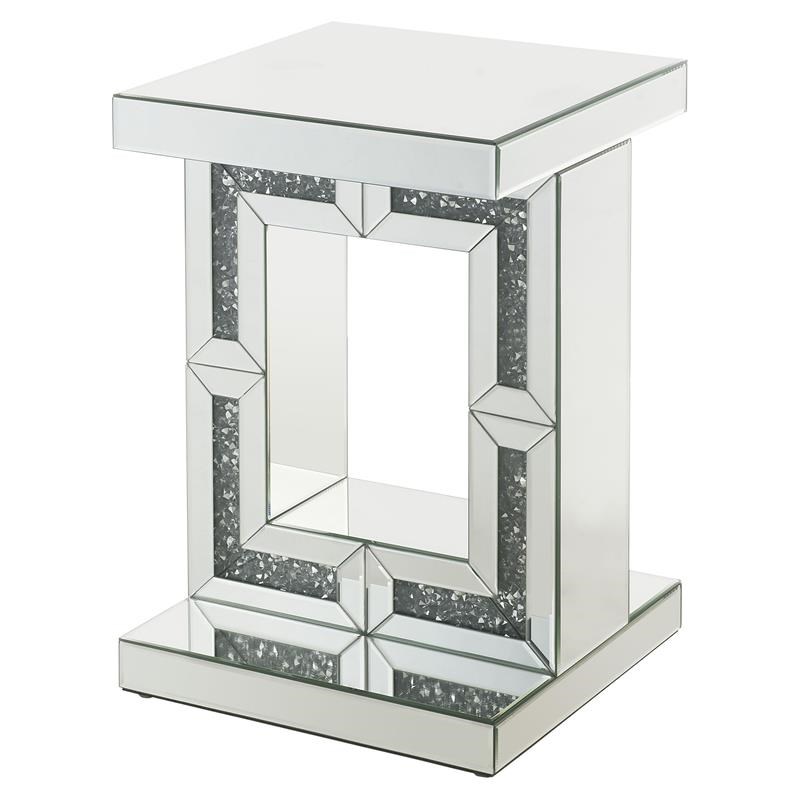 ACME Noralie Glass Accent Table with Pedestal Base in Mirrored and Faux Diamonds