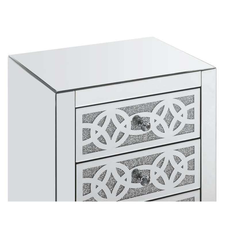 ACME Noralie Glass Accent Table with 3-Drawer in Mirrored and Faux Diamonds