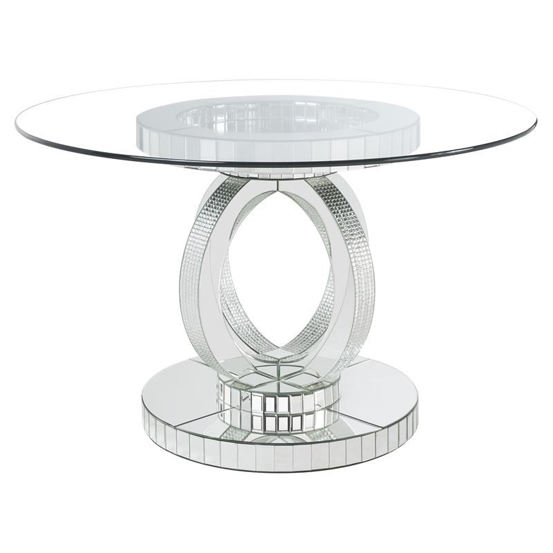 ACME Ornat Round Glass Top Dining Table in Faux Square Diamonds