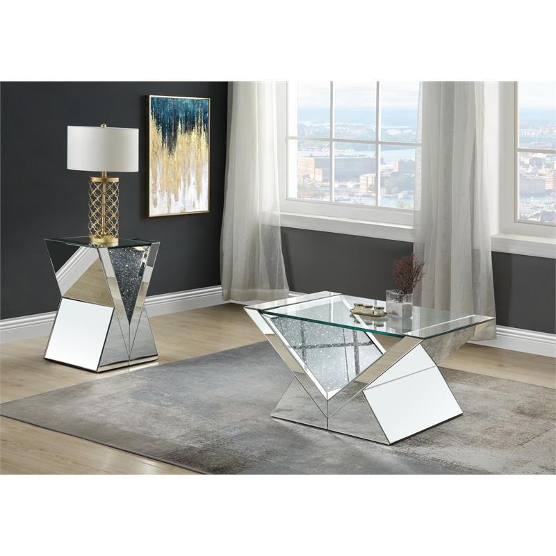 ACME Noralie Glass Top Coffee Table in Mirrored and Faux Diamonds