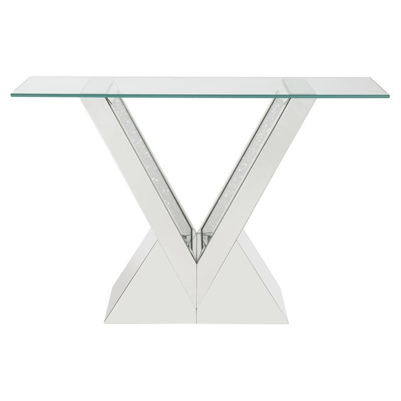 ACME Furniture Noralie Glass Top Console Table in Mirrored and Faux Diamonds