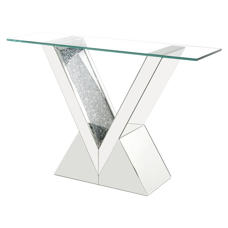 ACME Furniture Noralie Glass Top Console Table in Mirrored and Faux Diamonds