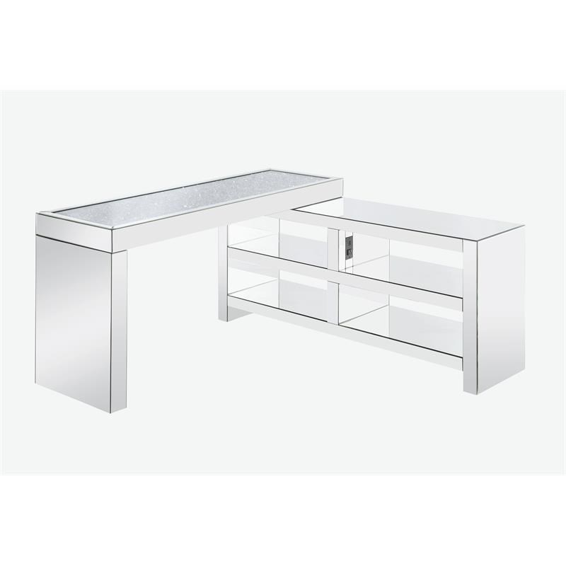 ACME Noralie L-Shaped 4-Shelf Writing Desk with USB Port in Clear and Mirrored