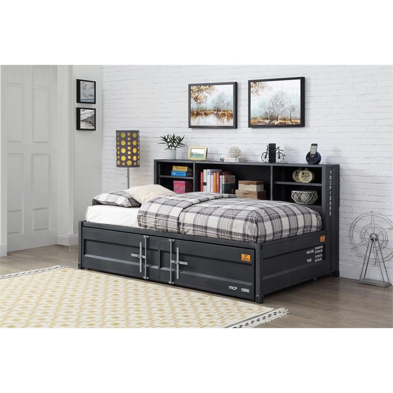 ACME Cargo Metal Twin Daybed and Trundle with Slat System in Gunmetal