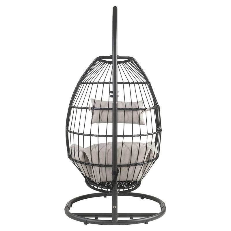 ACME Oldi Wicker Patio Hanging Chair with Metal Stand in Beige and Black