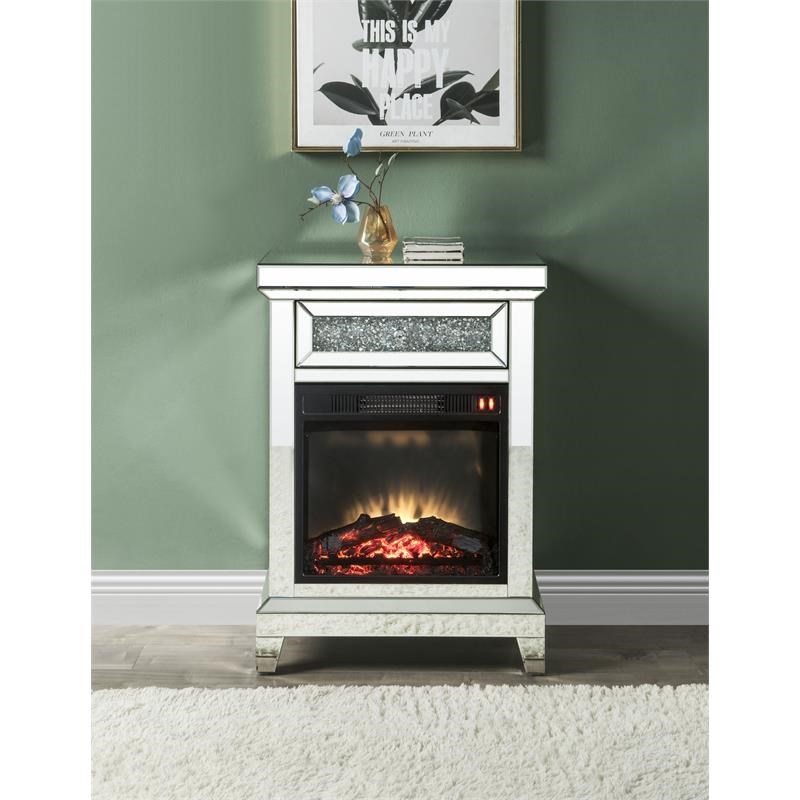 ACME Noralie Wooden Electric Fireplace with Drawer in Mirrored and Faux Diamonds