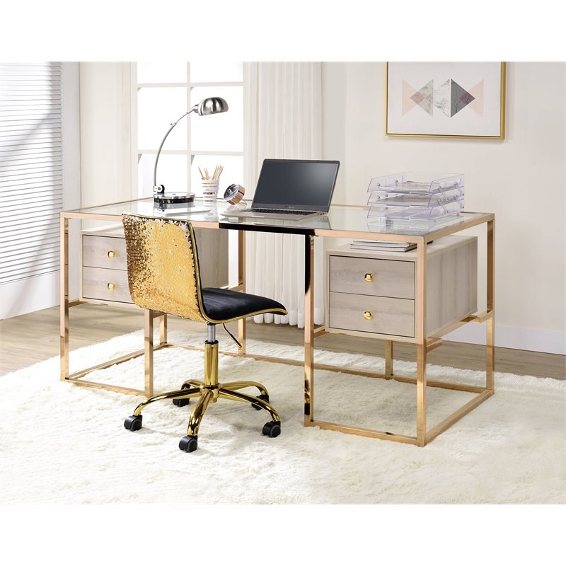 Acme Huyana Desk In Clear Glass And Gold 92945