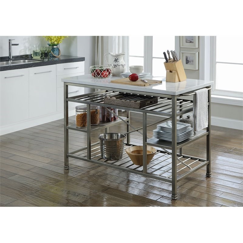 ACME Lanzo Kitchen Island in Marble and Antique Pewter