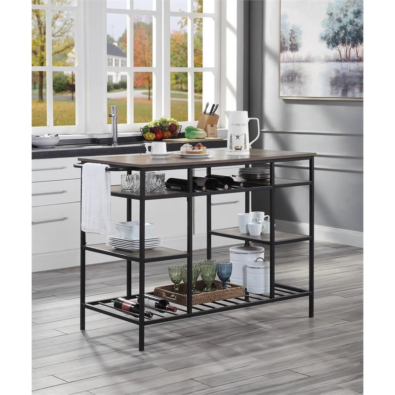 ACME Lona Wooden Top Kitchen Island with Slatted Shelves in Rustic Oak and Black