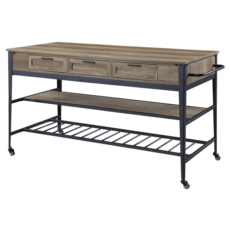 ACME Macaria Wooden Kitchen Island with 3 Drawers in Rustic Oak and Black