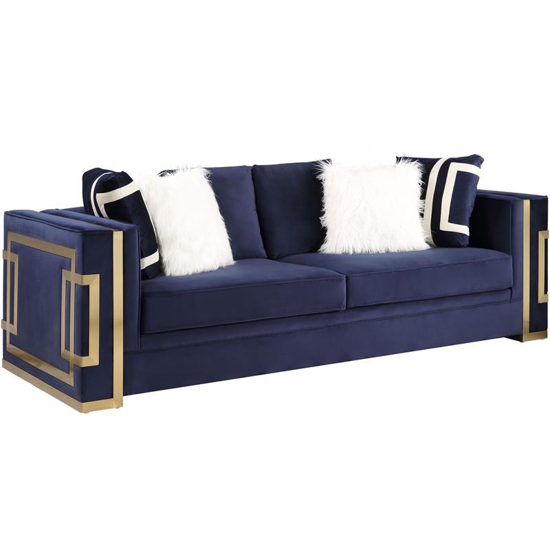 ACME Virrux Sofa with 6Pillows in Blue Velvet & Gold Finish