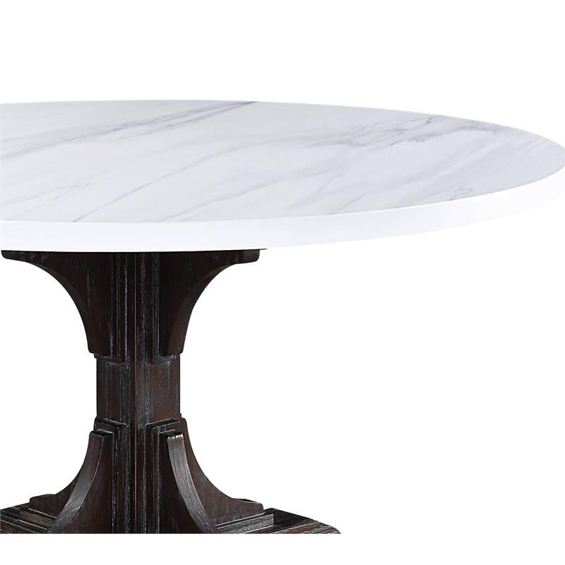 ACME Gerardo Round Marble Top Dining Table in White and Weathered Espresso