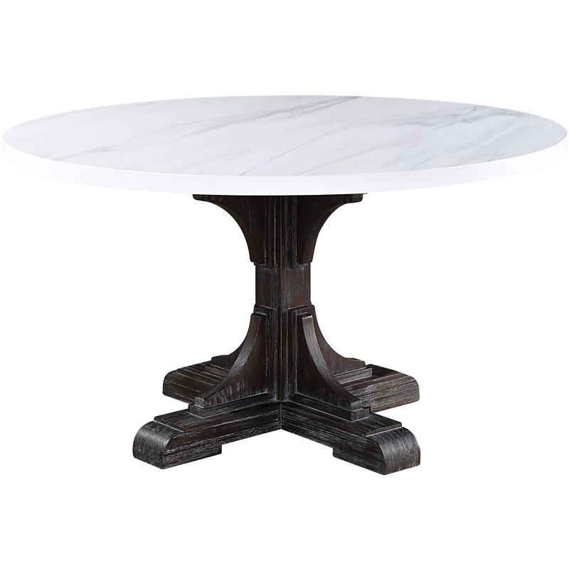 ACME Gerardo Round Marble Top Dining Table in White and Weathered Espresso