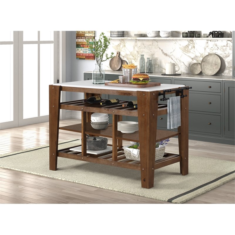 ACME Alaroa Kitchen Island  in Marble & Rustic Brown Finish