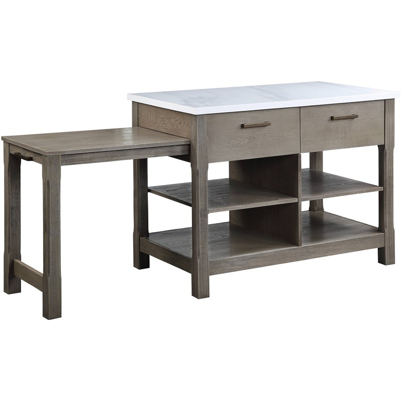 ACME Feivel Kitchen Island with Pull Out Table in Marble Top & Rustic Oak Finish