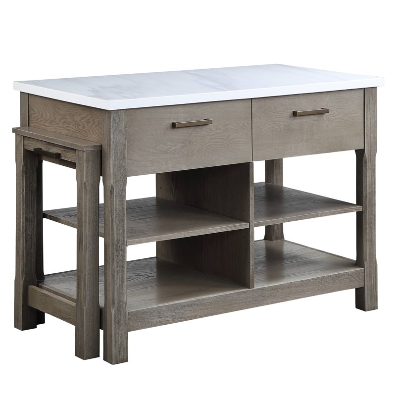 ACME Feivel Kitchen Island with Pull Out Table in Marble Top & Rustic Oak Finish