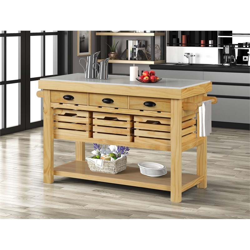 ACME Grovaam Kitchen Island in Marble & Natural Finish