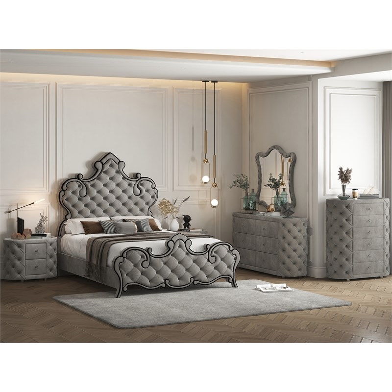 ACME Perine Tufted Velvet Upholstered Eastern King Panel Bed in Gray