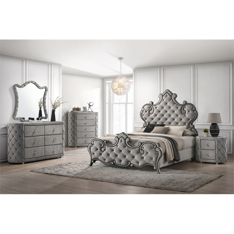 ACME Perine Tufted Velvet Upholstered Queen Panel Bed in Gray