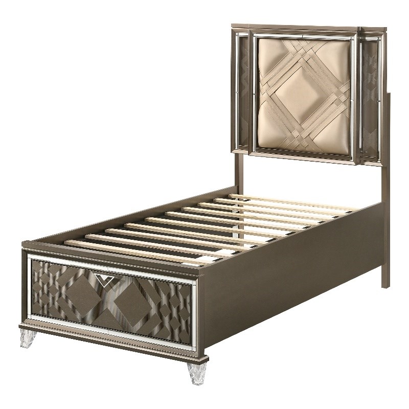 ACME Skylar Twin Bed with Storage in LED PU & Dark Champagne