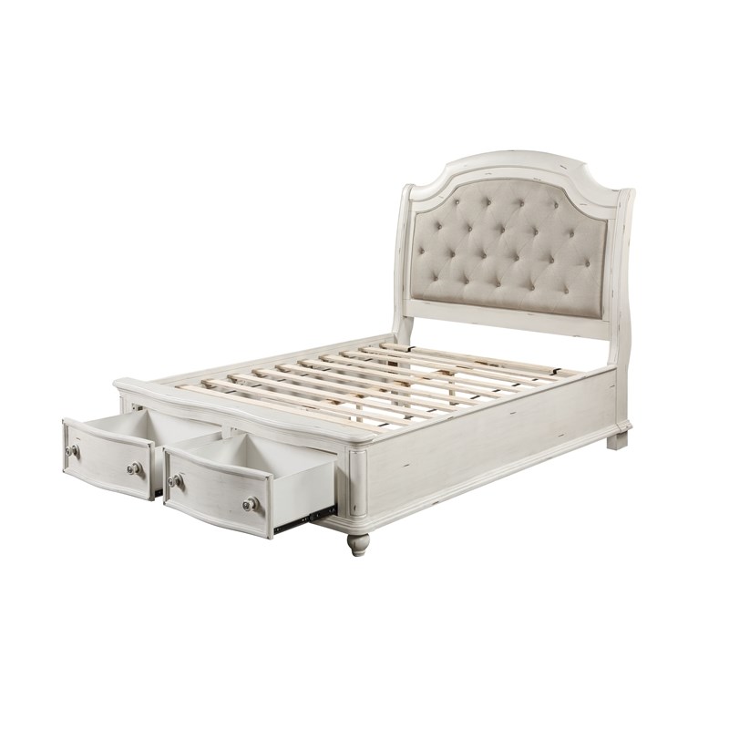 ACME Jaqueline Eastern King Bed in Light Gray Linen & Antique White Finish
