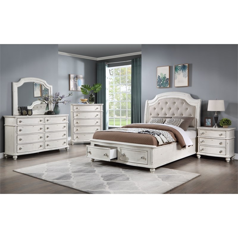ACME Jaqueline Eastern King Bed in Light Gray Linen & Antique White Finish