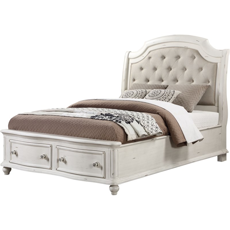 ACME Jaqueline Queen Bed  in Light Gray Linen & Antique White Finish