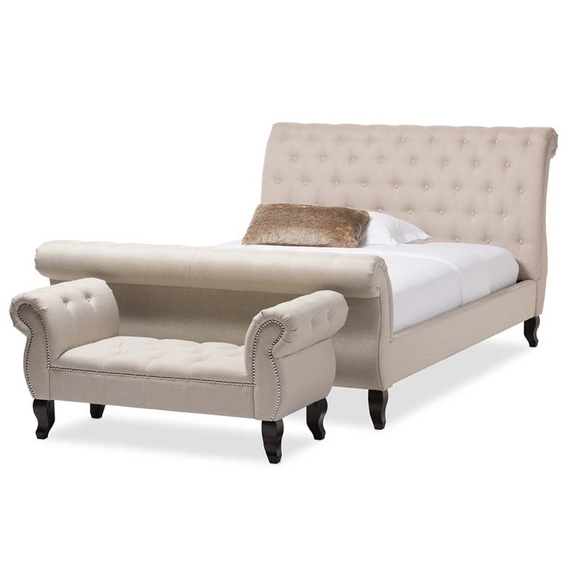 Baxton Studio Tufted Queen Sleigh Platform Bed in Beige