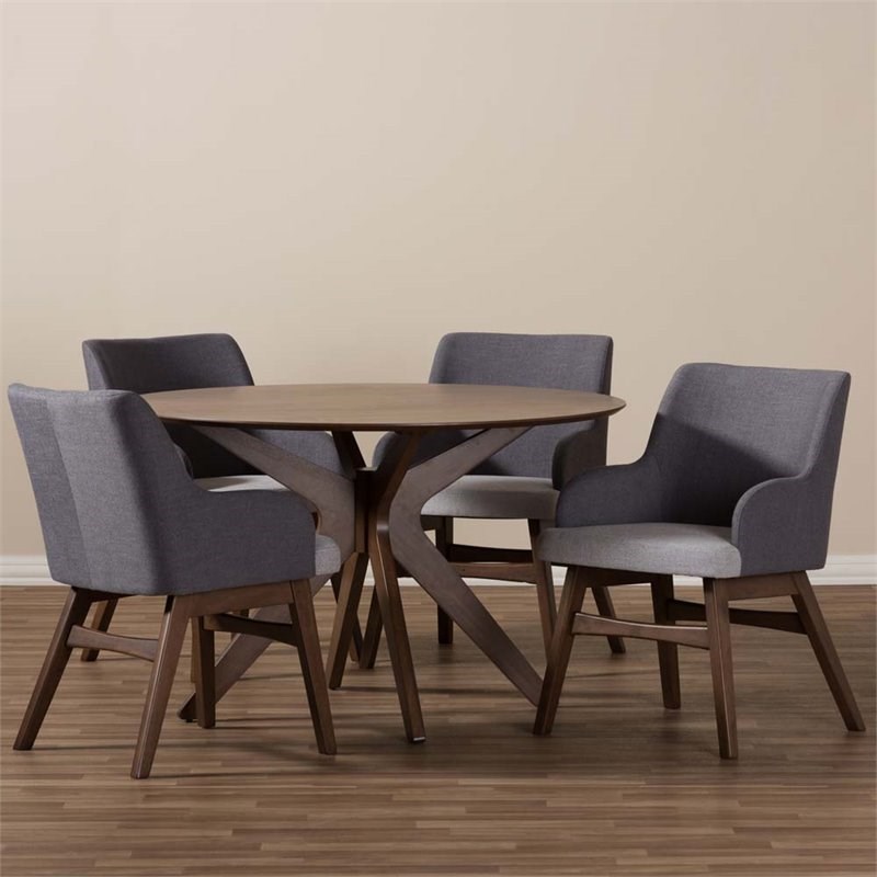 Baxton Studio Monte 5 Piece Round Dining Set in Gray and Walnut ...