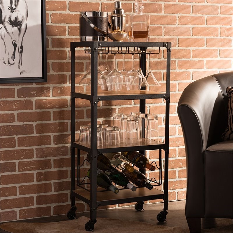 Baxton Studio Swanson Mobile Wine Rack in Antique Black and Brown
