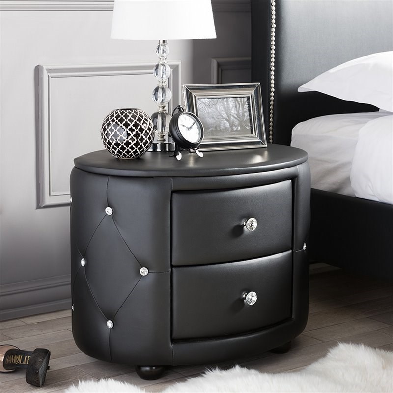 Baxton Studio Davina 2 Drawer Faux Leather Tufted Nightstand in Black