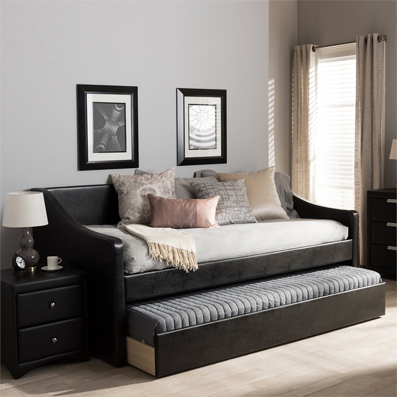 Baxton Studio Camino Faux Leather Daybed with Trundle in Black | Homesquare