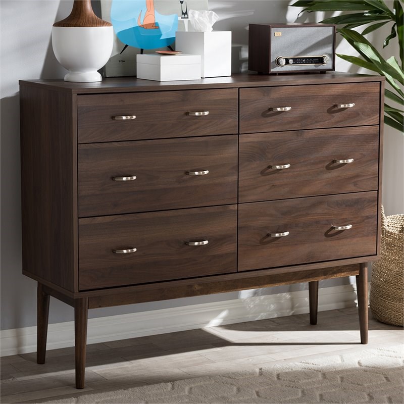 baxton studio disa 6 drawer double dresser in walnut brown