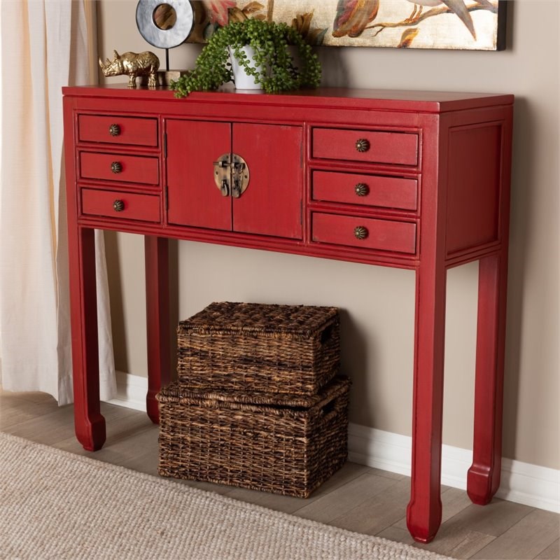 Baxton Studio Melodie 6 Drawer Console Table in Red and Bronze Homesquare