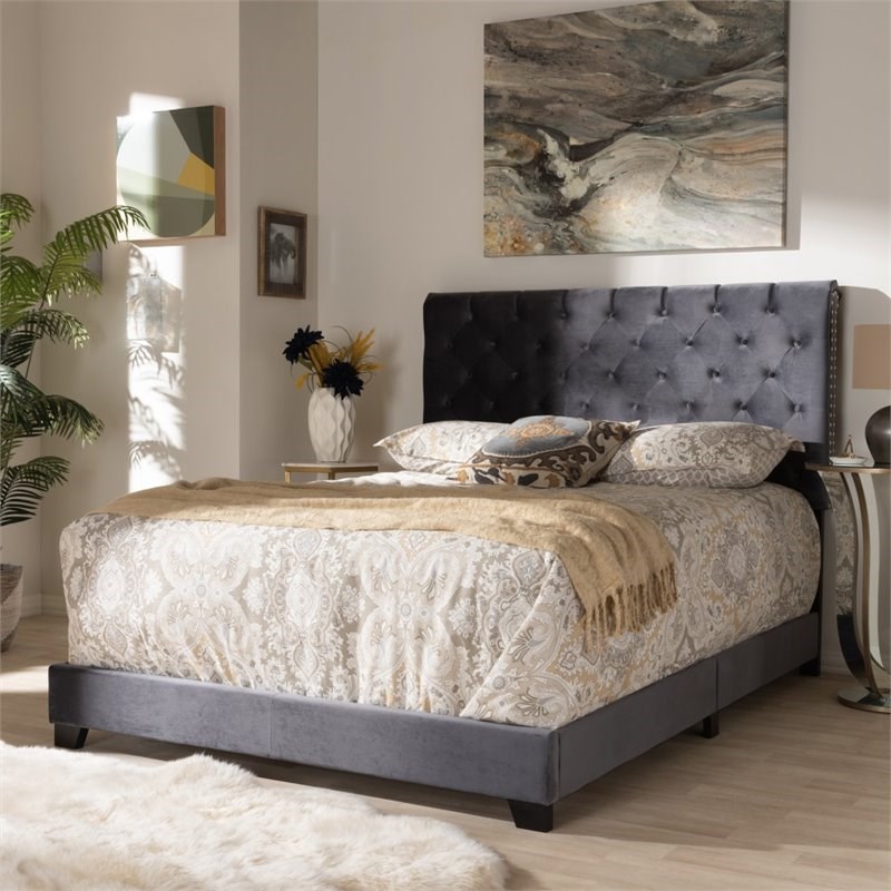 Baxton Studio Candace Velvet Tufted Queen Bed in Dark Grey | Homesquare