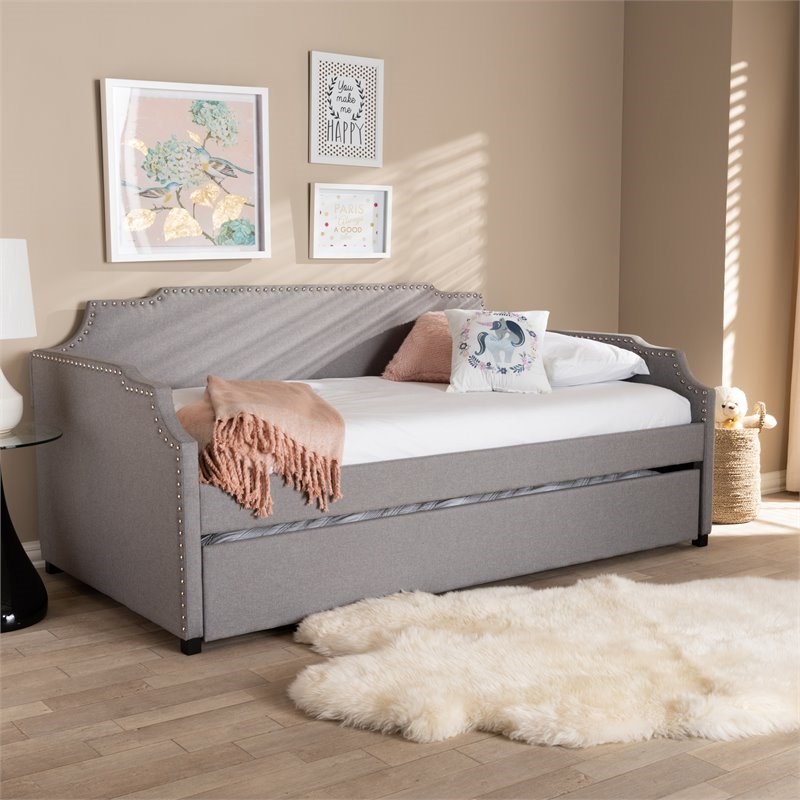 Baxton Studio Grey Upholstered Twin Size Sofa Daybed with Trundle Bed