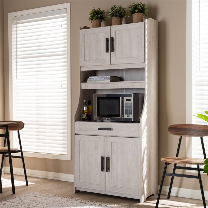 Baxton Studio Portia 6-Shelf Washed Wood Microwave Storage Cabinet in