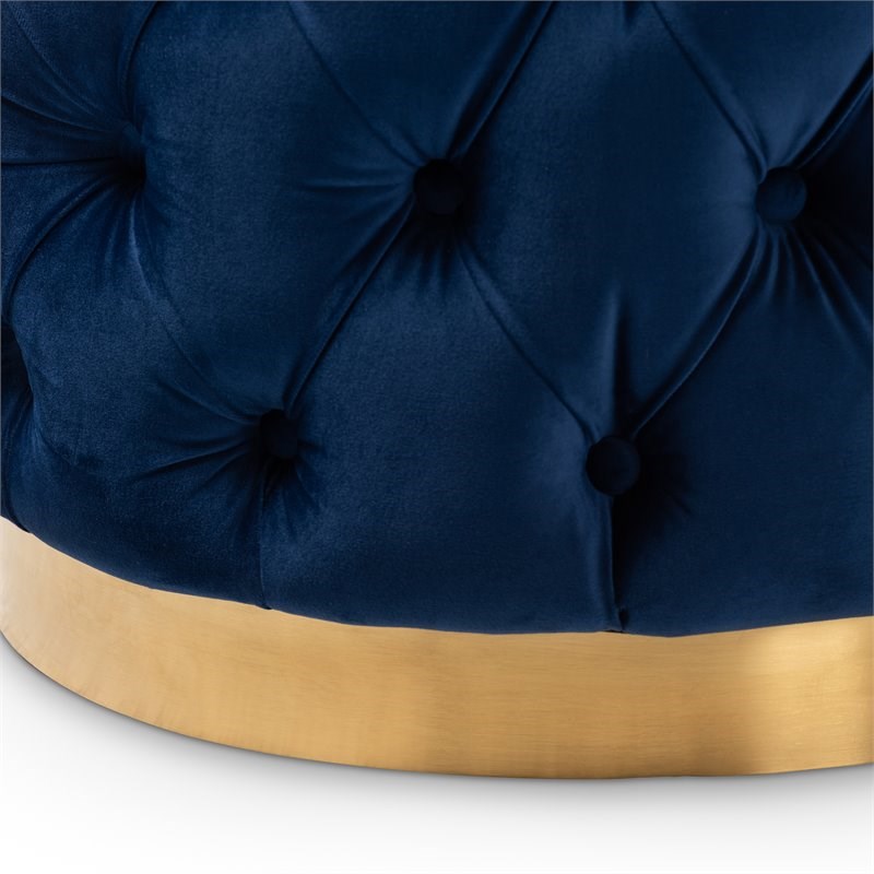 Baxton Studio Valeria Modern Tufted Velvet Ottoman in Navy Blue and Gold