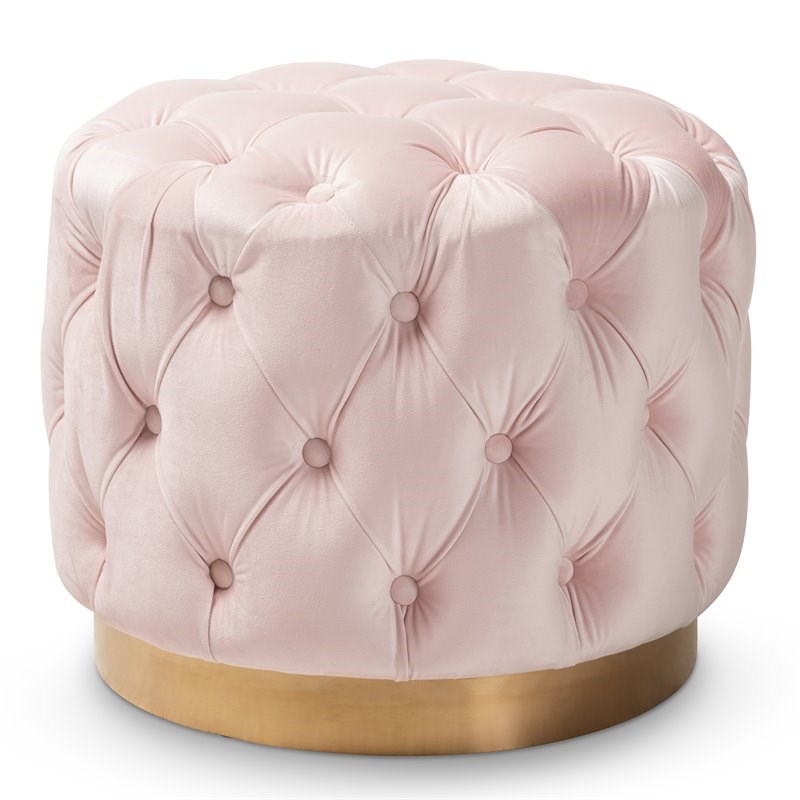 Gold Velvet Ottoman Pink Modern Round Velvet Ottoman With Metal Gold