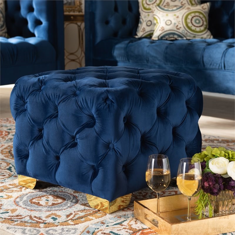 Baxton Studio Avara Modern Tufted Velvet Ottoman in Royal Blue and Gold