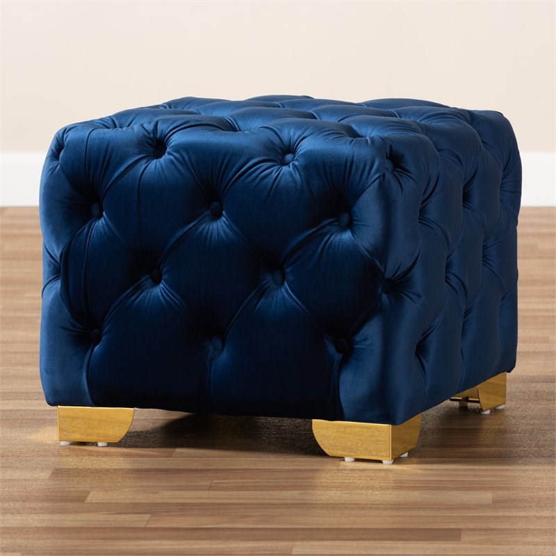 Baxton Studio Avara Modern Tufted Velvet Ottoman in Royal Blue and Gold