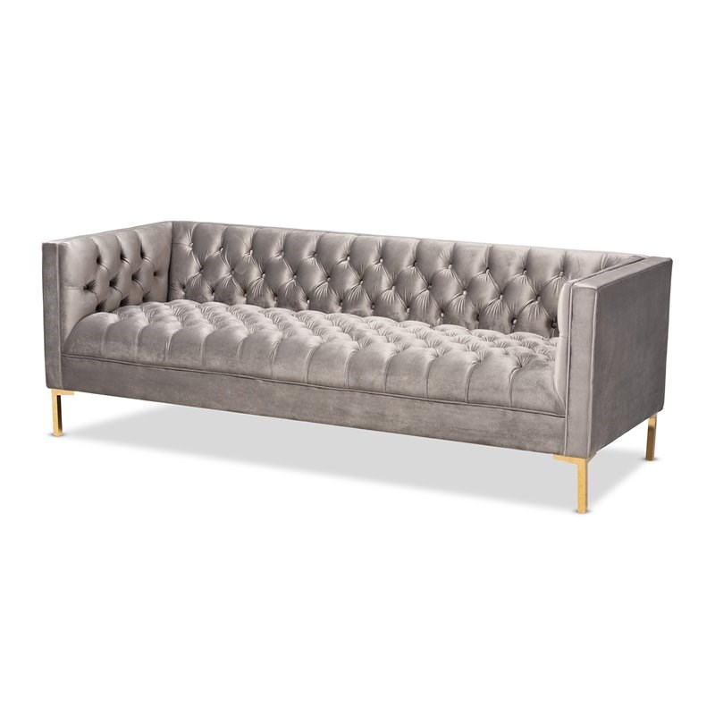 Baxton Studio Zanetta Tufted Velvet and Wood Sofa in Gray and Gold