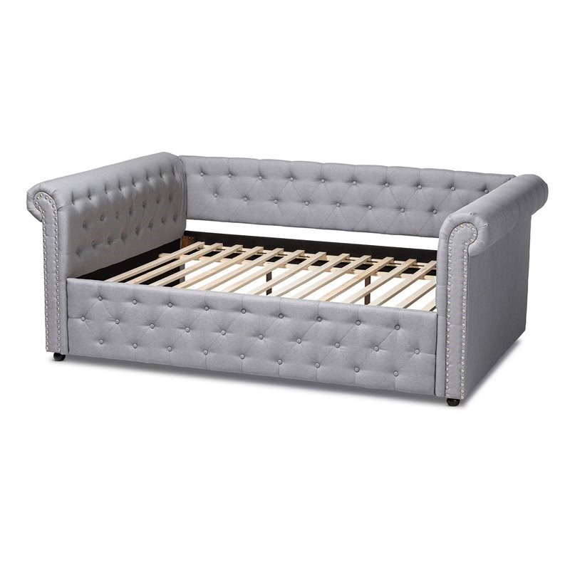 Baxton Studio Mabelle Mid-Century Tufted Fabric and Wood Queen Daybed in Gray
