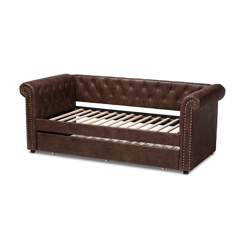 Baxton Studio Mabelle Faux Leather and Wood Twin Daybed with Trundle in Brown Homesquare